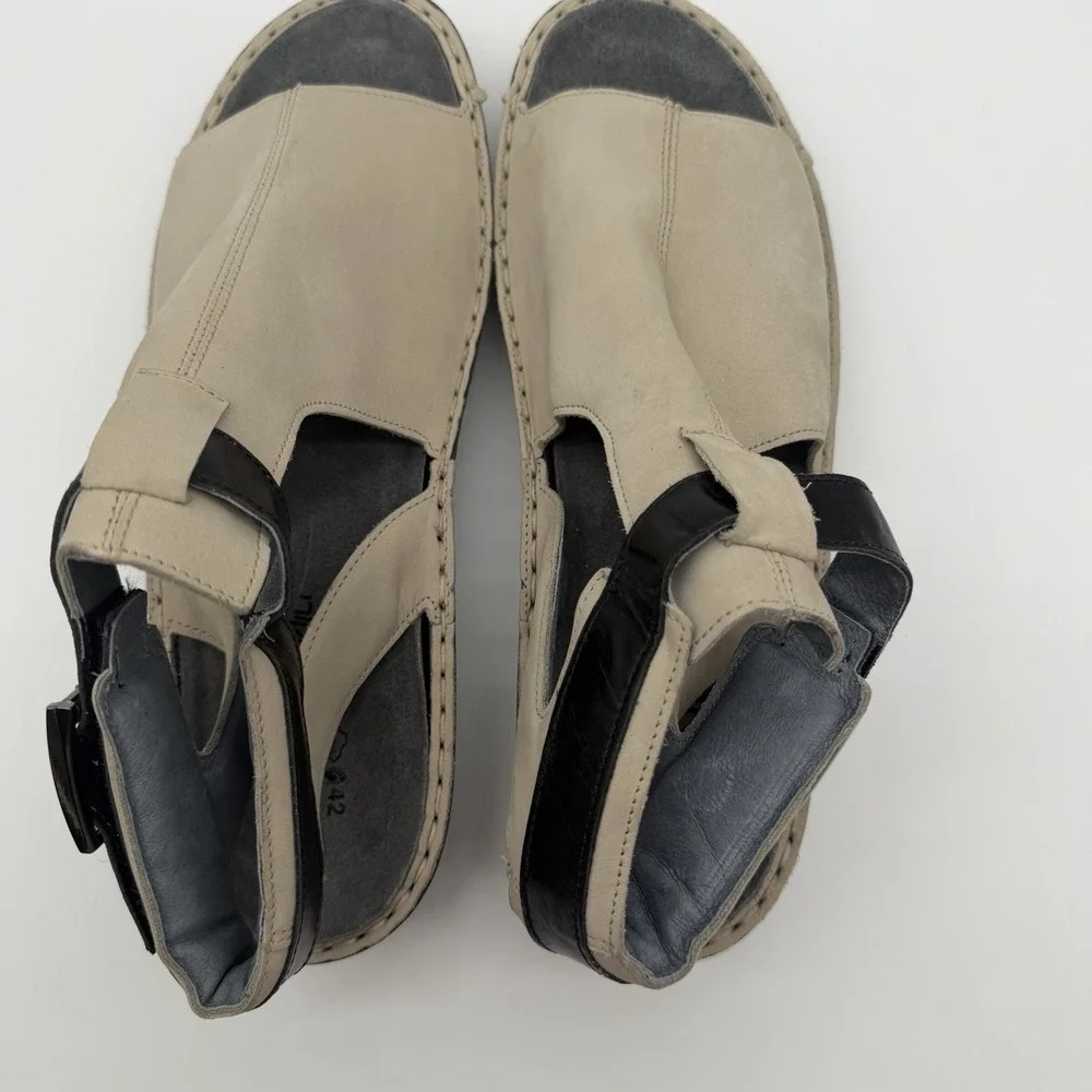 Naot Women's Verbena Leather Wedge Sandals Stone Nubuck Black Strap EU 42 US 11
